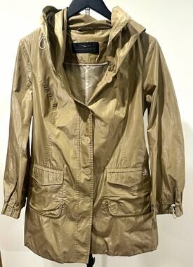 Violanti Womens Beige Hooded Rain Coat Mid-Length Zip/Button Pockets Size S